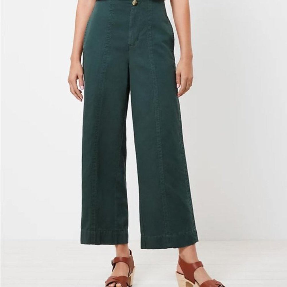 Ann Taylor LFOT Linen Seamed Twill Wide Leg Crop Pants Sage Olive Green Cotton 8
